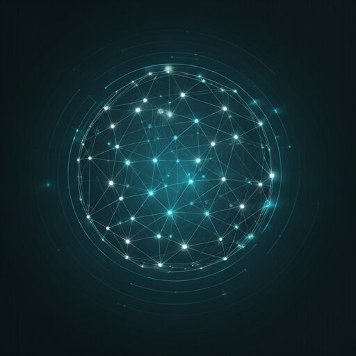 A stylized graphic of a network diagram with glowing nodes and connections on a dark blue background.